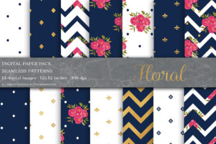 Blue Gold Floral Digital Papers for Design